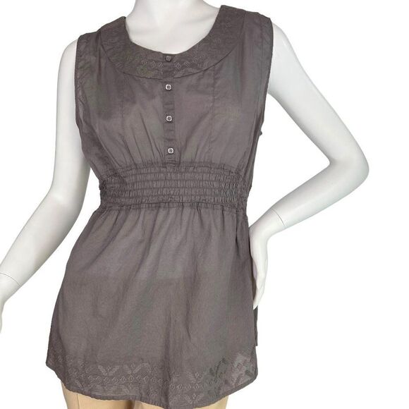 Bit & Bridle Sleeveless Dark Purple Mauve Embroidered Blouse Smocked Waist L - Picture 1 of 9